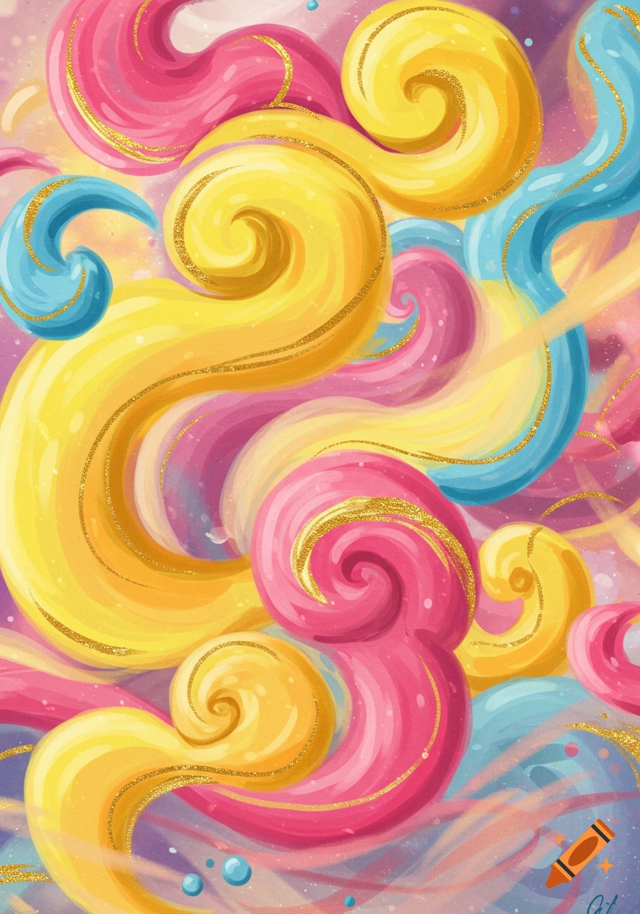Brightly colored, abstract swirls of pink, yellow, and blue with golden glitter accents in a whimsical style.