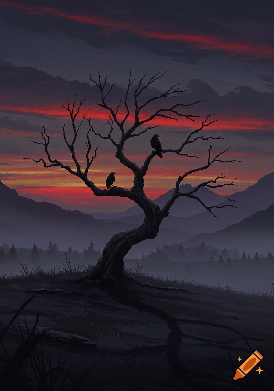 Dark digital painting of a crooked, bare tree with two crows against a red twilight sky in a misty mountain landscape.