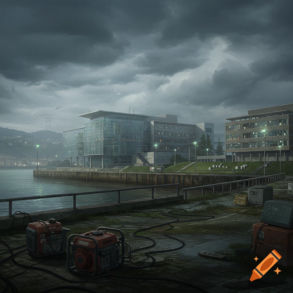 A gloomy, dark industrial cityscape with generators by a waterfront, modern buildings, and stormy clouds overhead.
