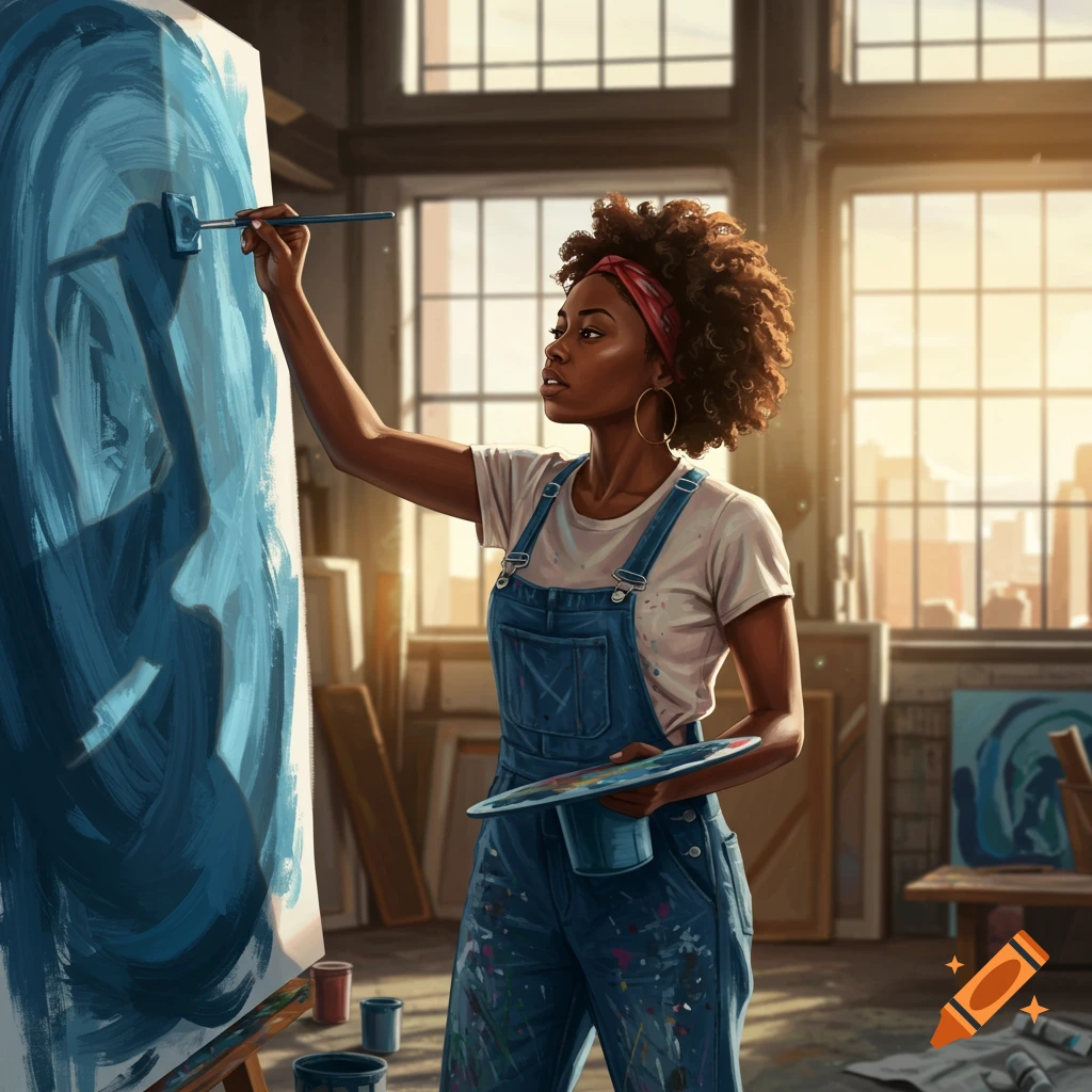 A Black woman artist in paint-splattered overalls paints a large canvas blue in a sunlit art studio.