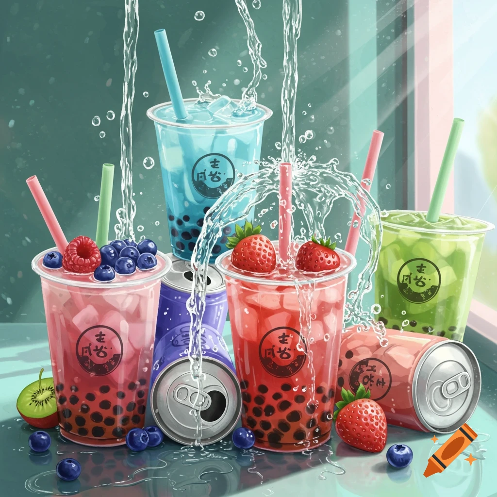 Water splashes over colorful boba tea cups and cans with fresh strawberries, blueberries, and kiwi, in a vibrant, illustrative style.