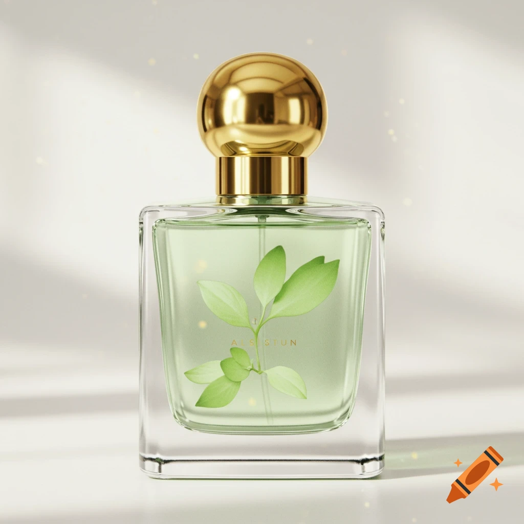 A photorealistic square glass fragrance bottle with light green liquid and a shiny round gold cap. Green leaves adorn the front, with blurred text below.