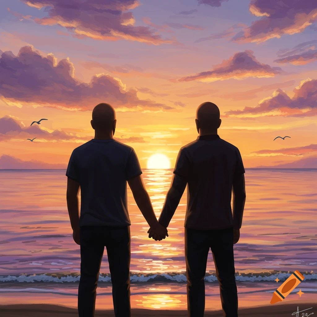 Two bald men hold hands, their backs to the viewer, watching a vibrant orange and purple sunset over the ocean. Digital art.