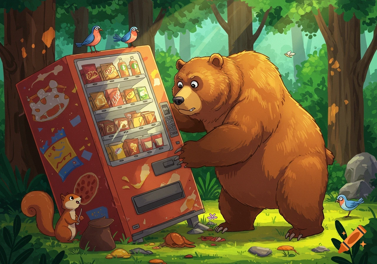 A cartoon grizzly bear tries to tip over a vending machine in a forest, while a squirrel examines its base and birds watch.
