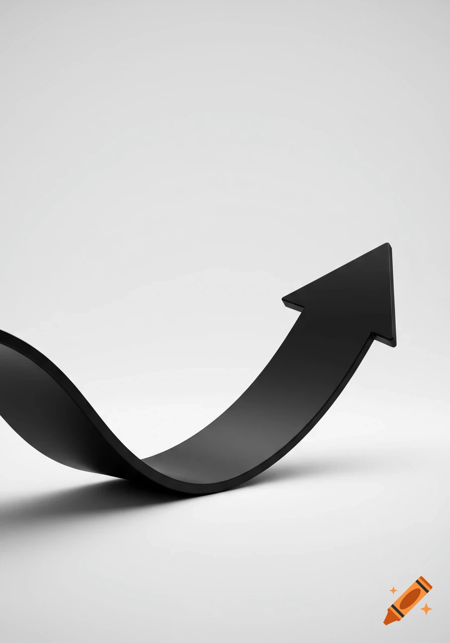 A black curved arrow points upward and right on a white background, wider at the tail and narrower at the head.