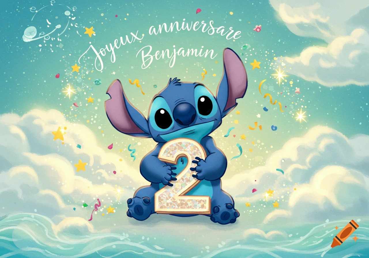 Cartoon Stitch holding a sparkling number 2, surrounded by confetti and stars against a blue and green sky with clouds, with 'Joyeux anniversaire Benjamin' written above.
