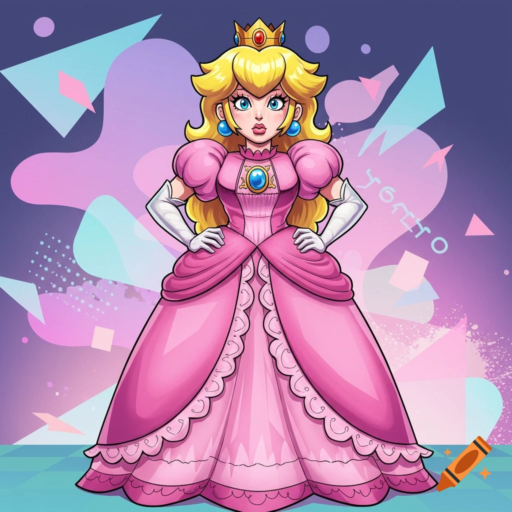 Princess Peach stands in a pink gown and crown against an abstract purple and pink background in a cartoon style.