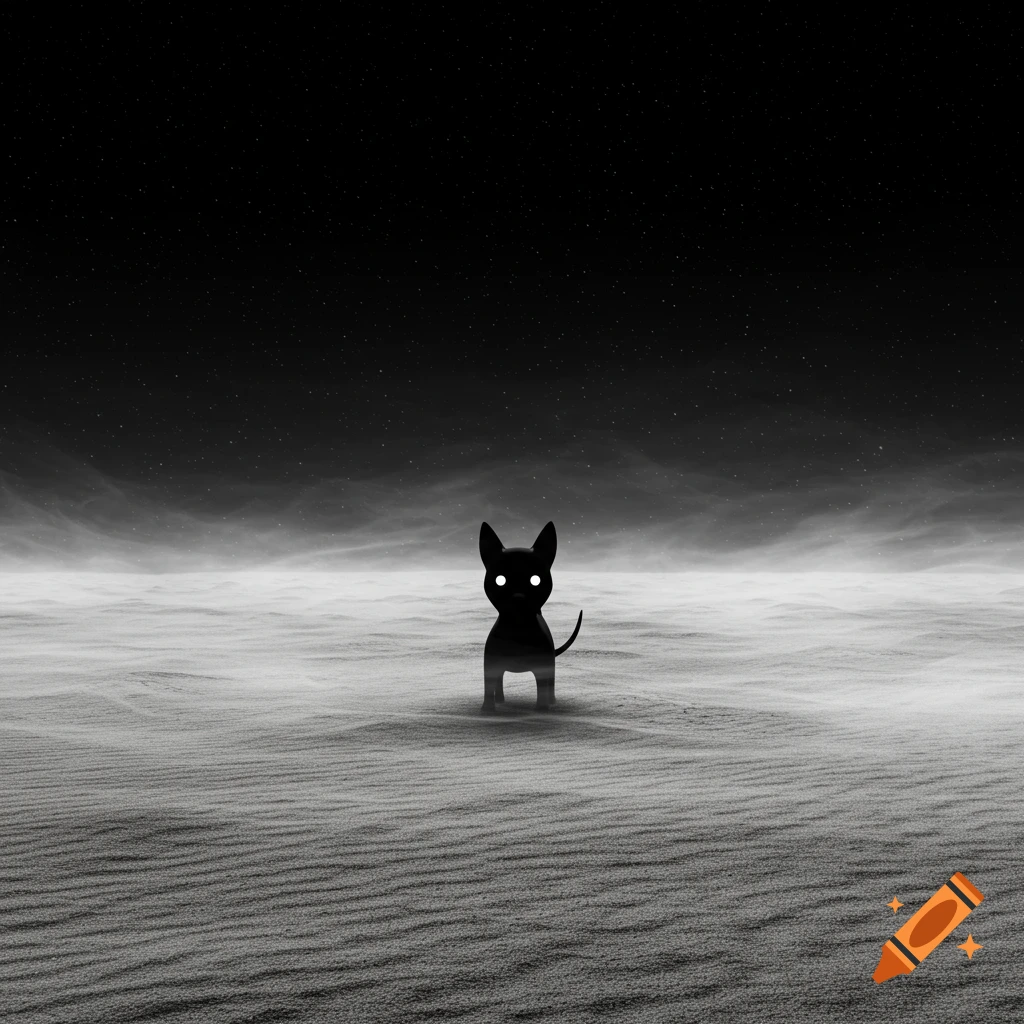 A creepy, minimalist black silhouette of a dog with glowing white eyes stands in a misty desert at night under a starry sky.