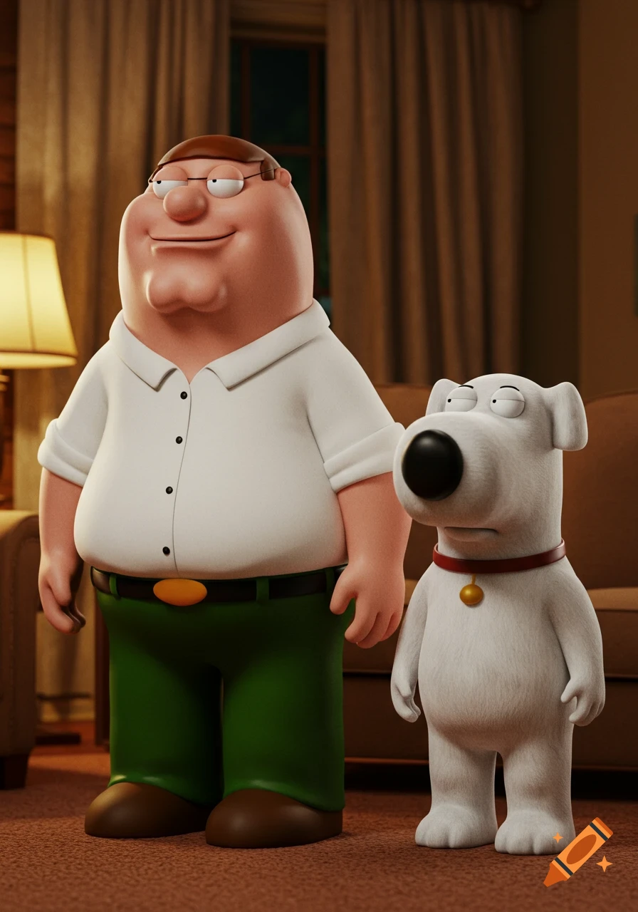 3D rendered image of Peter Griffin and Brian from Family Guy standing in a living room.