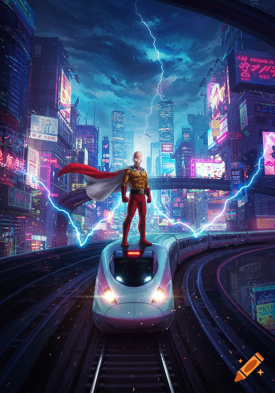 One-Punch Man stands heroically on a futuristic bullet train speeding through a neon-lit cyberpunk city under a stormy, lightning-filled sky.