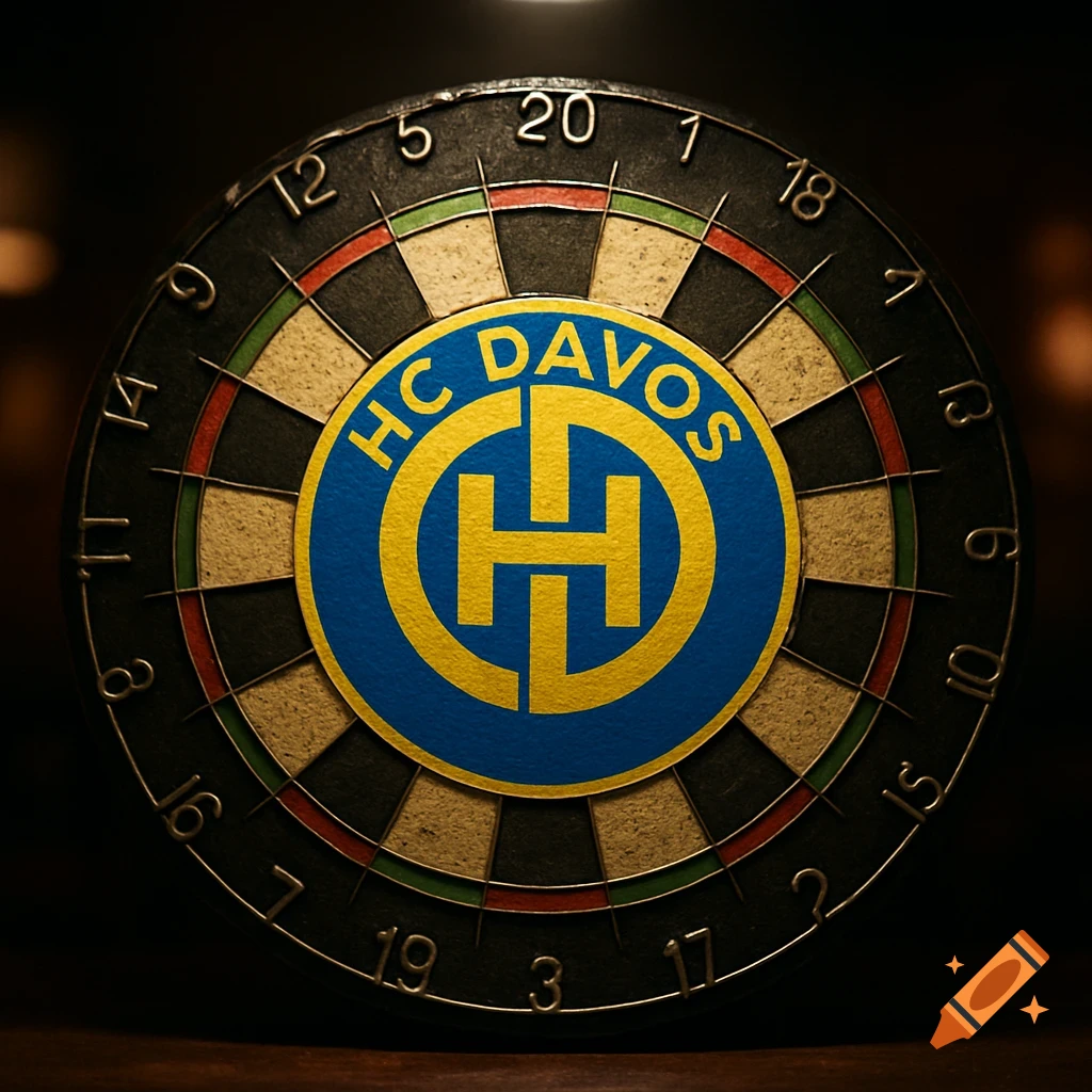 A photorealistic close-up of a dartboard featuring a blue and yellow HC Davos logo in the center.