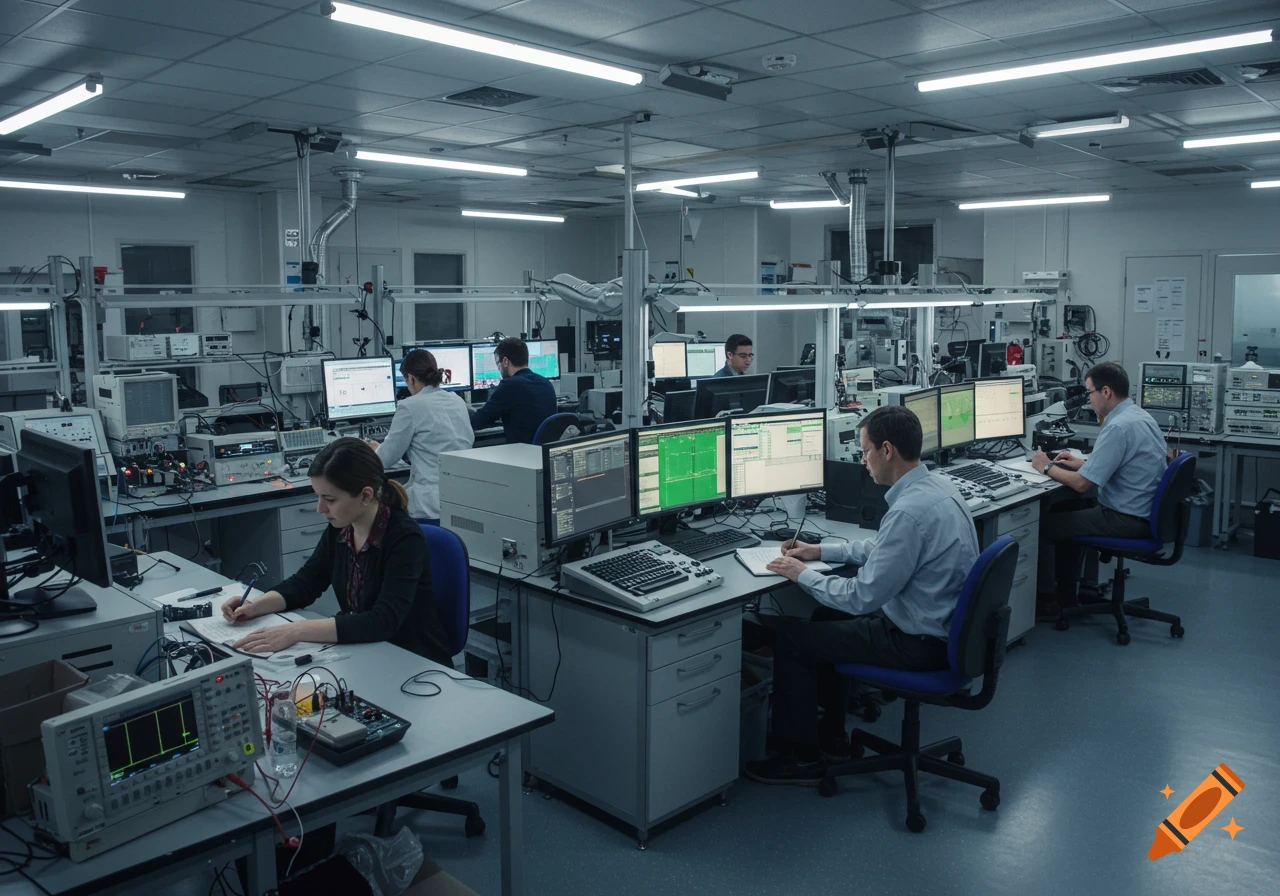 Researchers work at desks in a brightly lit electronics laboratory, surrounded by computers and scientific equipment. Photorealistic style.