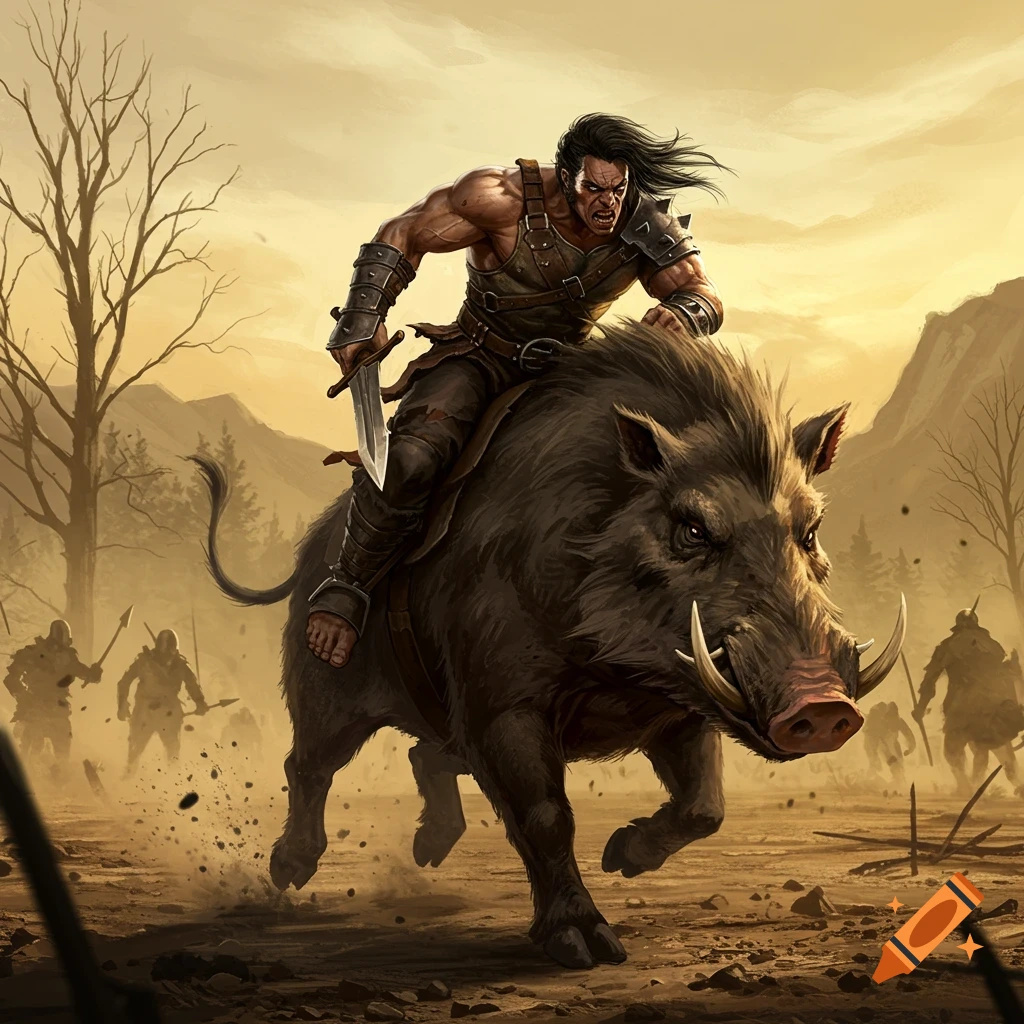 A muscular barbarian warrior rides a charging wild boar, sword in hand, across a dusty fantasy landscape with distant figures.