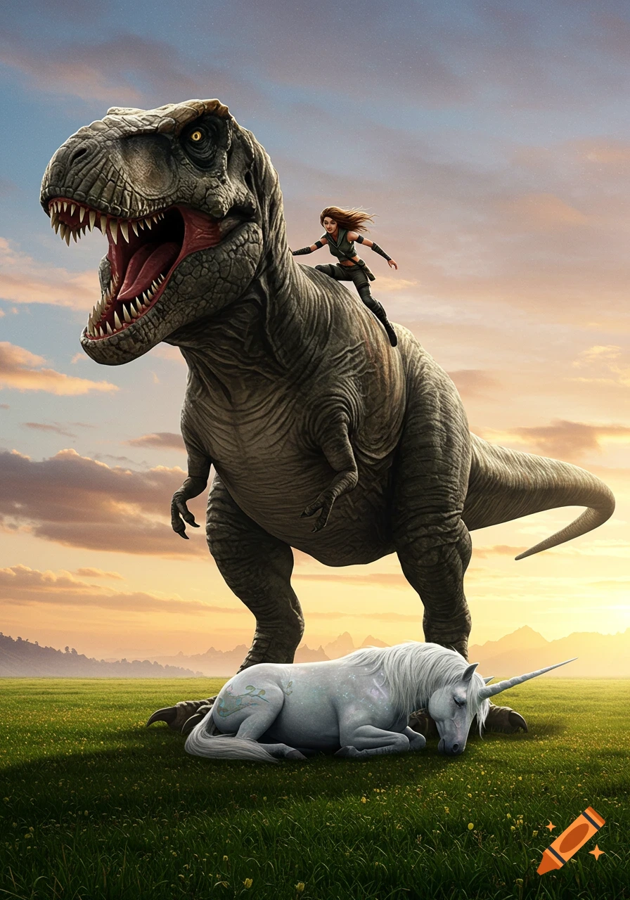 A woman clings to the back of a large T-Rex in a grassy field, next to a sleeping unicorn, at sunset.
