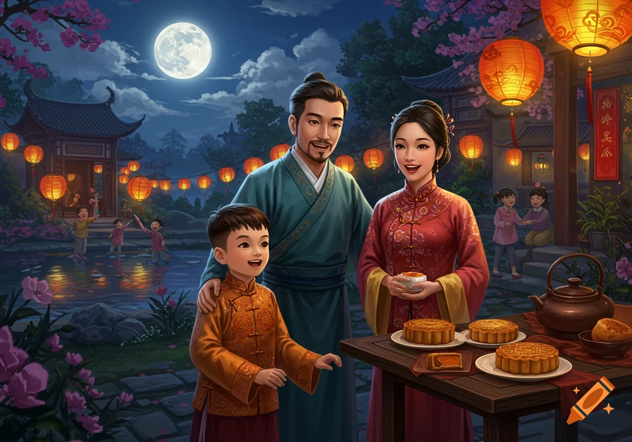 A Chinese family celebrates the Moon Festival at night, with lanterns, a full moon, and mooncakes.