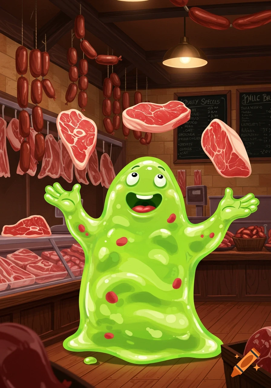 A happy green slime monster with red spots juggles cuts of meat in a cartoon butcher shop with sausages hanging.