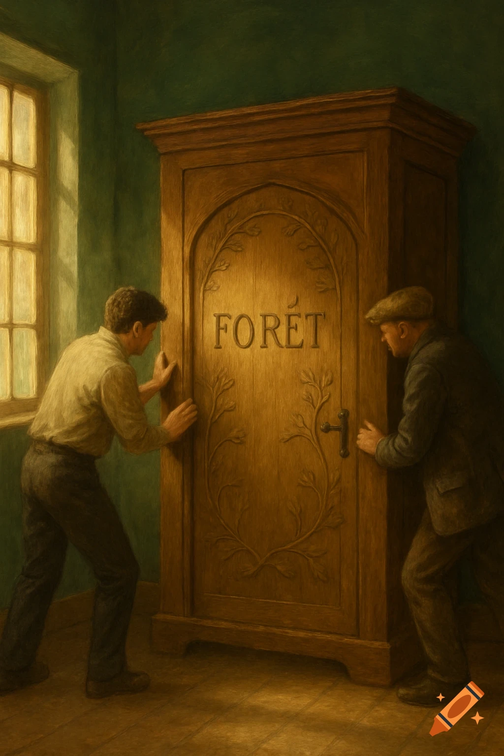 Two men push a large wooden wardrobe with 'FORÊT' carved on its door in a dimly lit, painterly room.