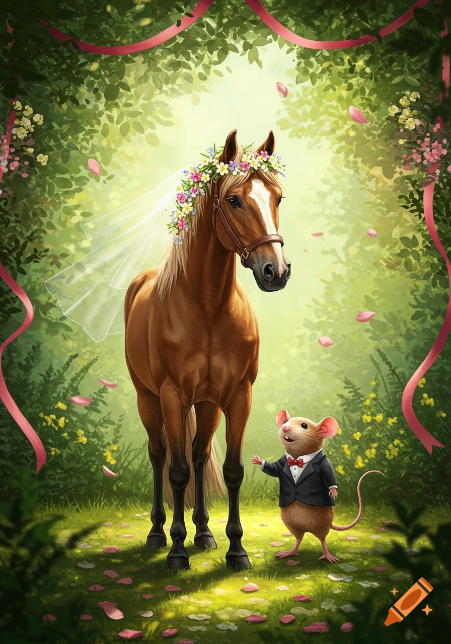 A whimsical illustration of a brown horse with a flower crown and veil, next to a mouse in a tuxedo, in a magical forest.