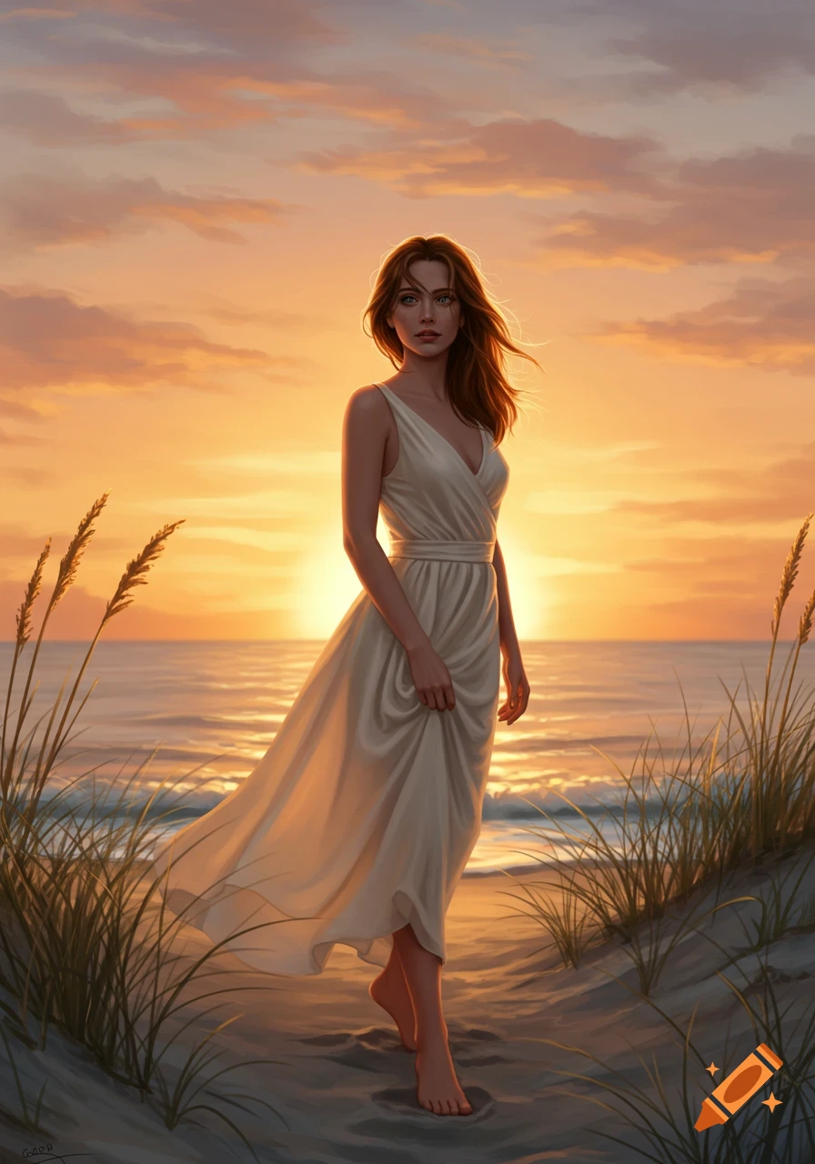 An artistic painting of a woman in a white dress walking barefoot on a sandy beach with tall grass during a golden sunset.