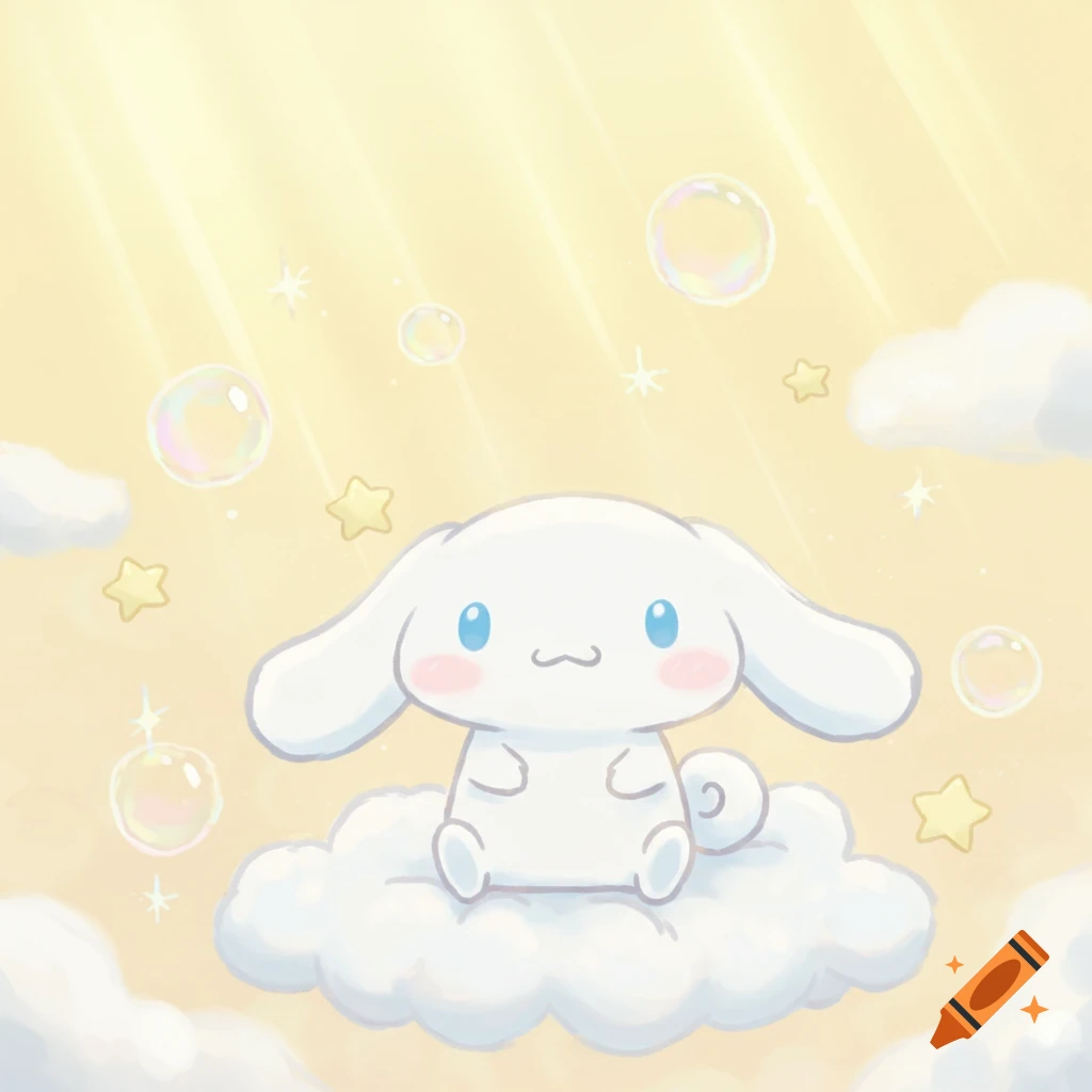 Cute Cinnamoroll character with blue eyes and pink cheeks sitting on a cloud, with a pastel yellow background, bubbles, and stars. Cartoon style.