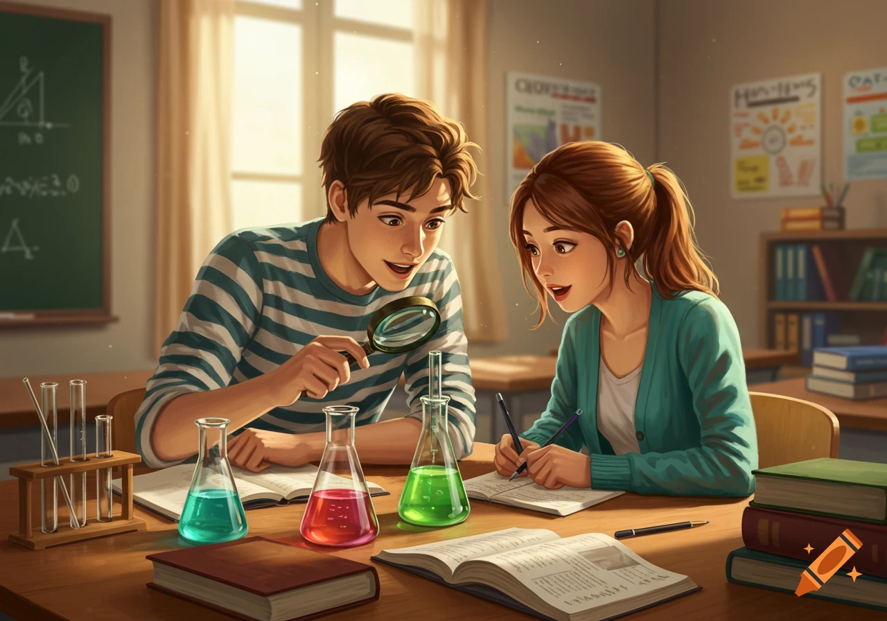 Two anime-style students, a boy and a girl, investigate in a bright classroom. The boy holds a magnifying glass over beakers, while the girl writes in a notebook.