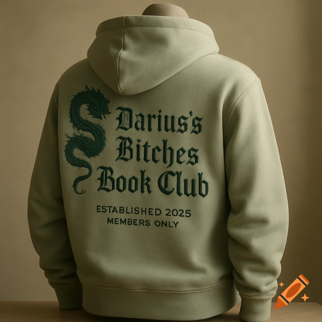 Back view of a pale green hoodie on a mannequin, with dark green embroidered dragon and "Darius's Bitches Book Club" text.