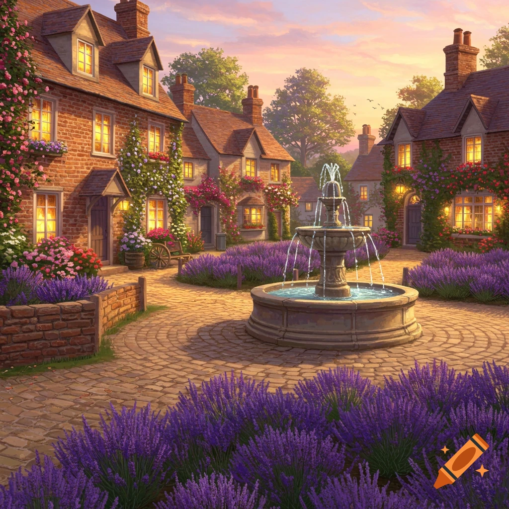 A charming village square at sunset, with brick houses, a central fountain, and abundant purple lavender and climbing roses.