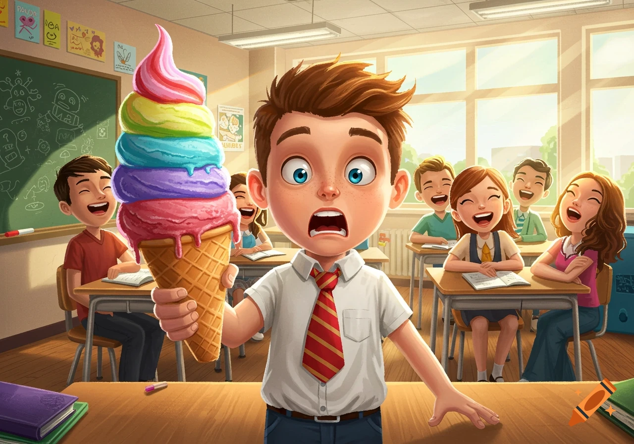 Cartoon schoolboy with shocked face holds a giant ice cream in a classroom, while classmates laugh.