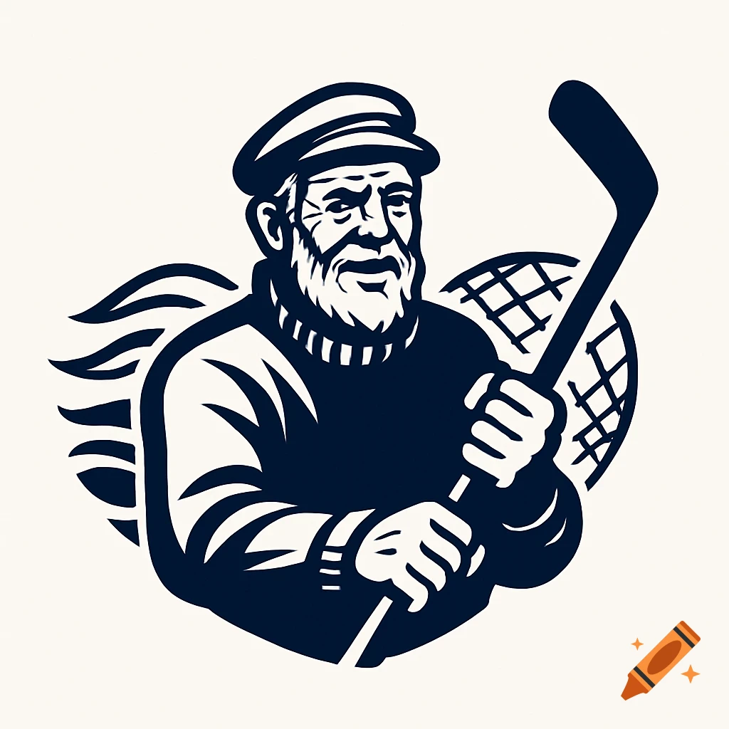 Monochrome logo of a bearded old fisherman in a cap and sweater, holding a hockey stick, with stylized waves and a net.