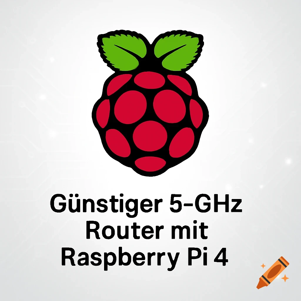 Raspberry Pi logo above German text 'Günstiger 5-GHz Router mit Raspberry Pi 4' on a subtle circuit board background.