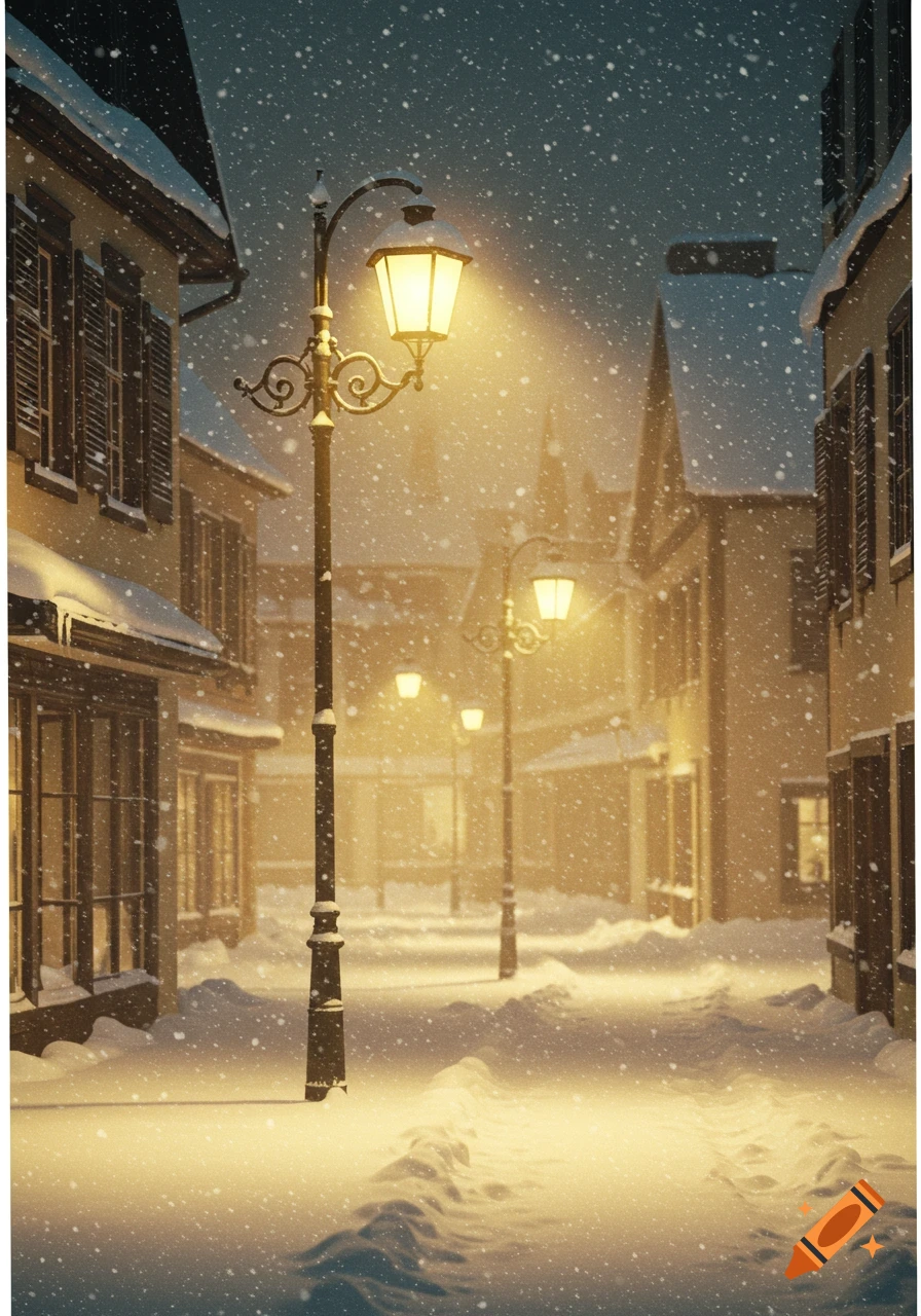 A snowy street in a town at night, illuminated by warm glowing vintage street lamps.