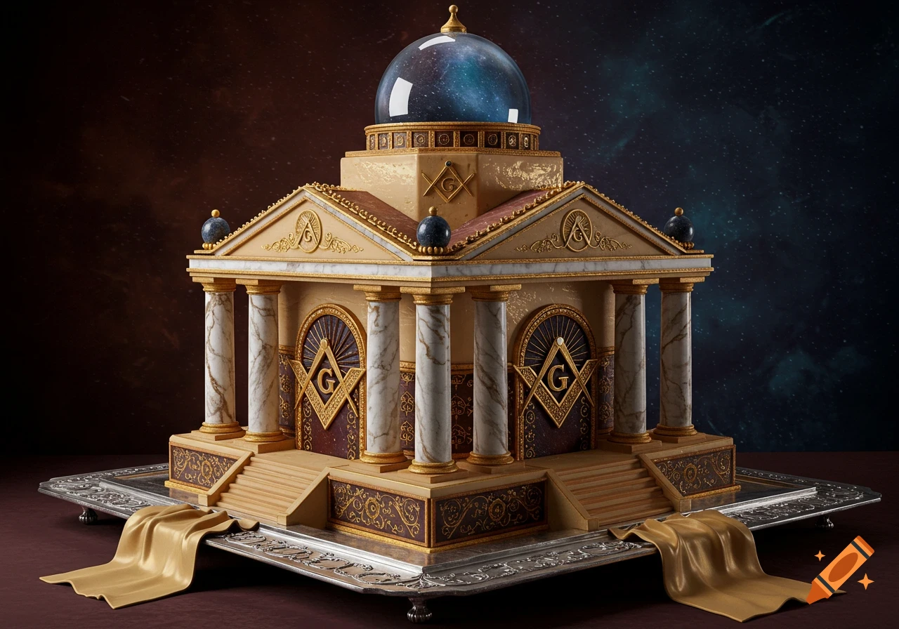 A highly detailed, ornate golden tiered cake designed as a Masonic temple, topped with a clear dome showing a starry sky, on a silver platter.