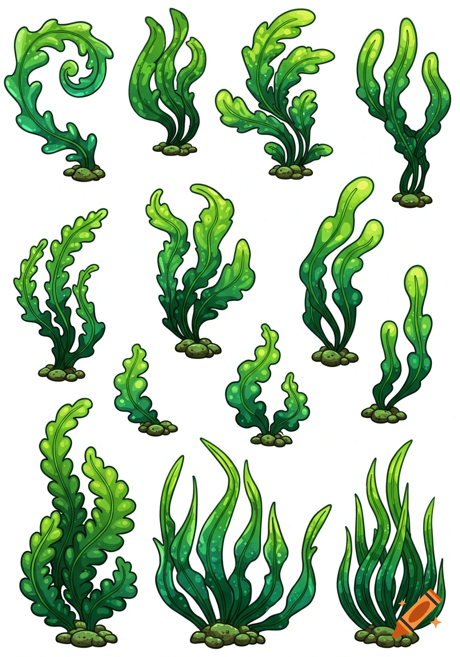 Multiple stylized green seaweed plants in various forms on a white background.