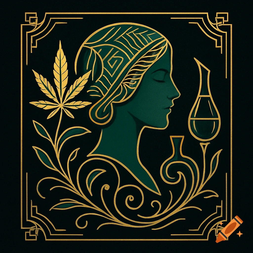 Art Deco illustration of a woman's profile, cannabis leaf, and potion bottles, outlined in gold on a dark green background.