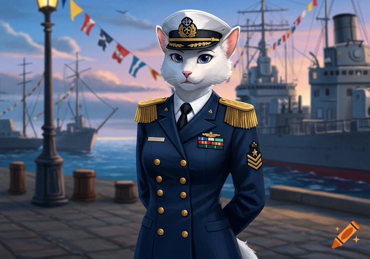 A white anthropomorphic cat in a naval uniform stands at attention on a dock with ships in the background, cartoonish furry art.