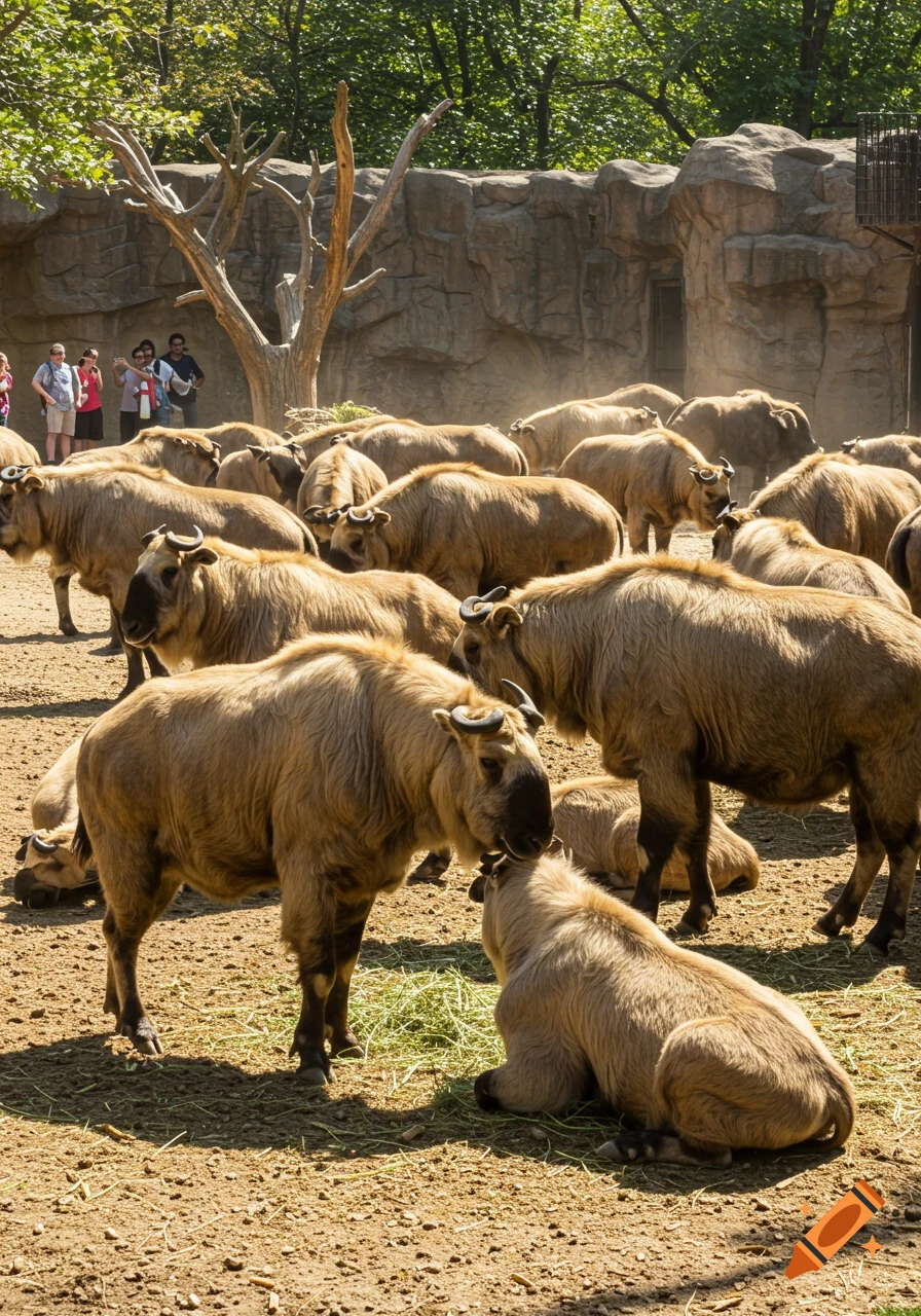 A photorealistic image of a large herd of brown, furry Takins in a dusty zoo enclosure with observers in the background.