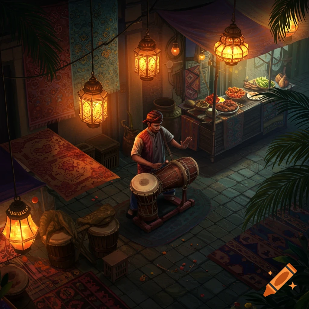 Illustrative scene of a man playing a drum in a night market, illuminated by ornate lanterns, with food stalls and patterned rugs.