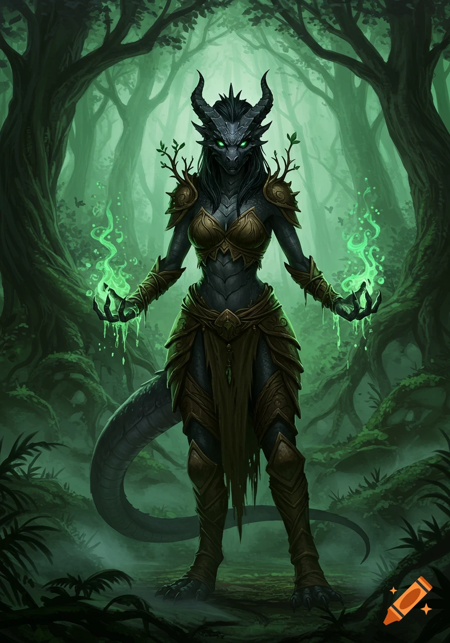 A dark-skinned female dragonborn druid in armor casting green acid magic in a misty forest. Fantasy art style.