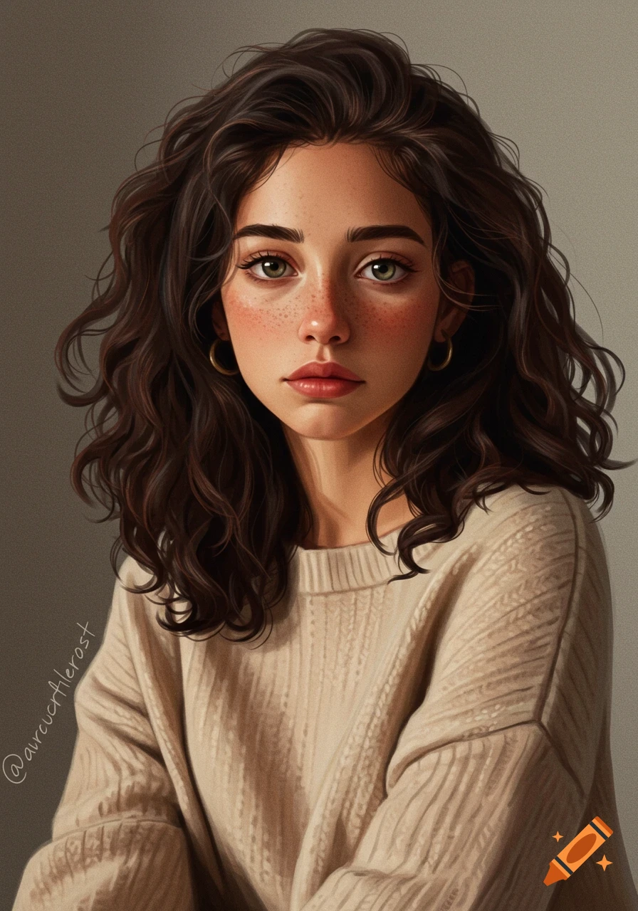 A semi-realistic digital art portrait of a young woman with dark wavy hair, green eyes, and freckles, wearing a beige sweater.