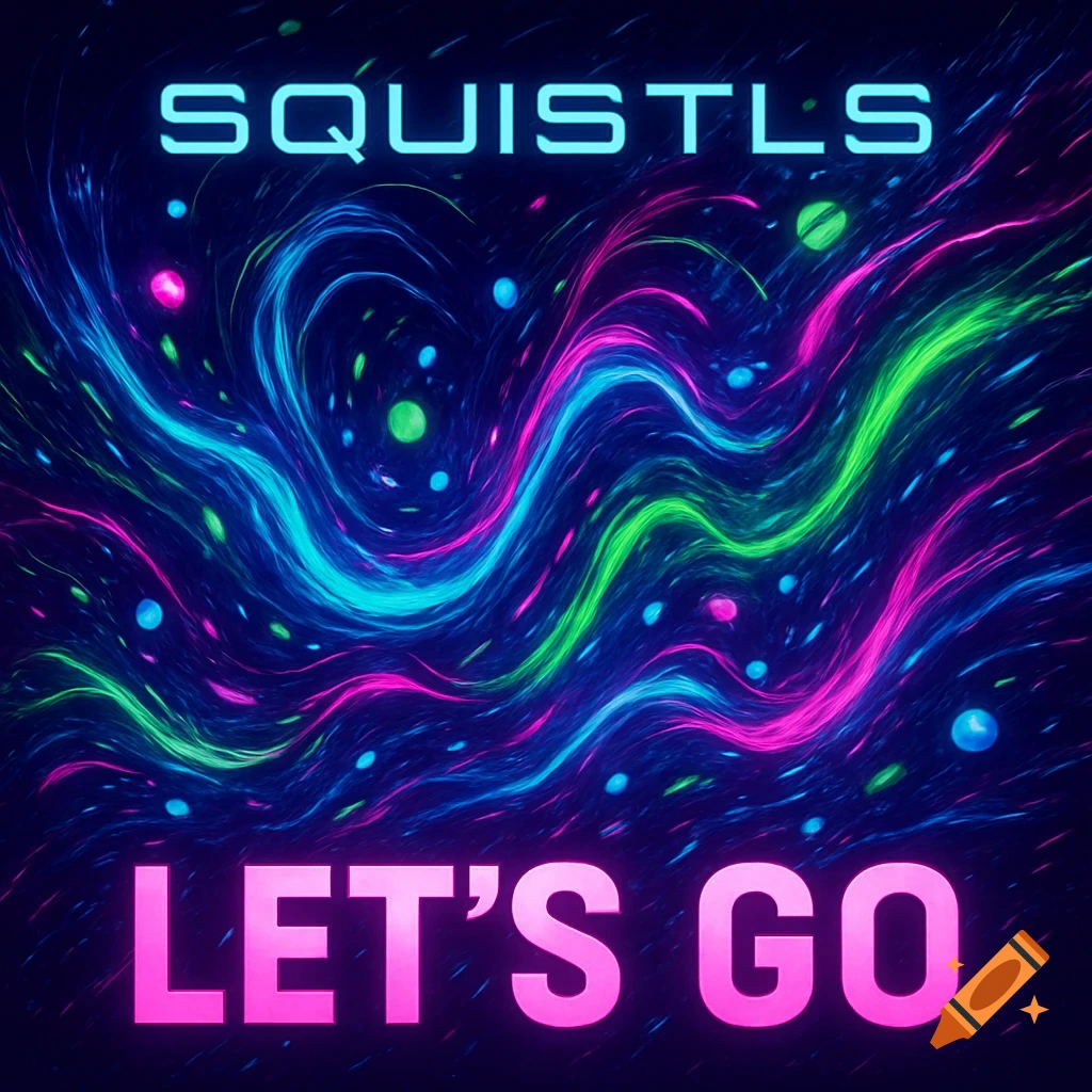Abstract neon blue, green, and pink energy waves with glowing particles on a dark background. Text reads 'SQUISTLS' and 'LET'S GO'.