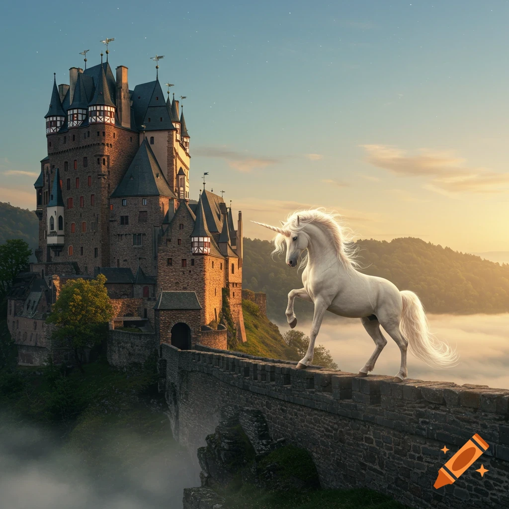 A majestic white unicorn rears on a stone wall overlooking misty mountains and a grand castle at sunset.