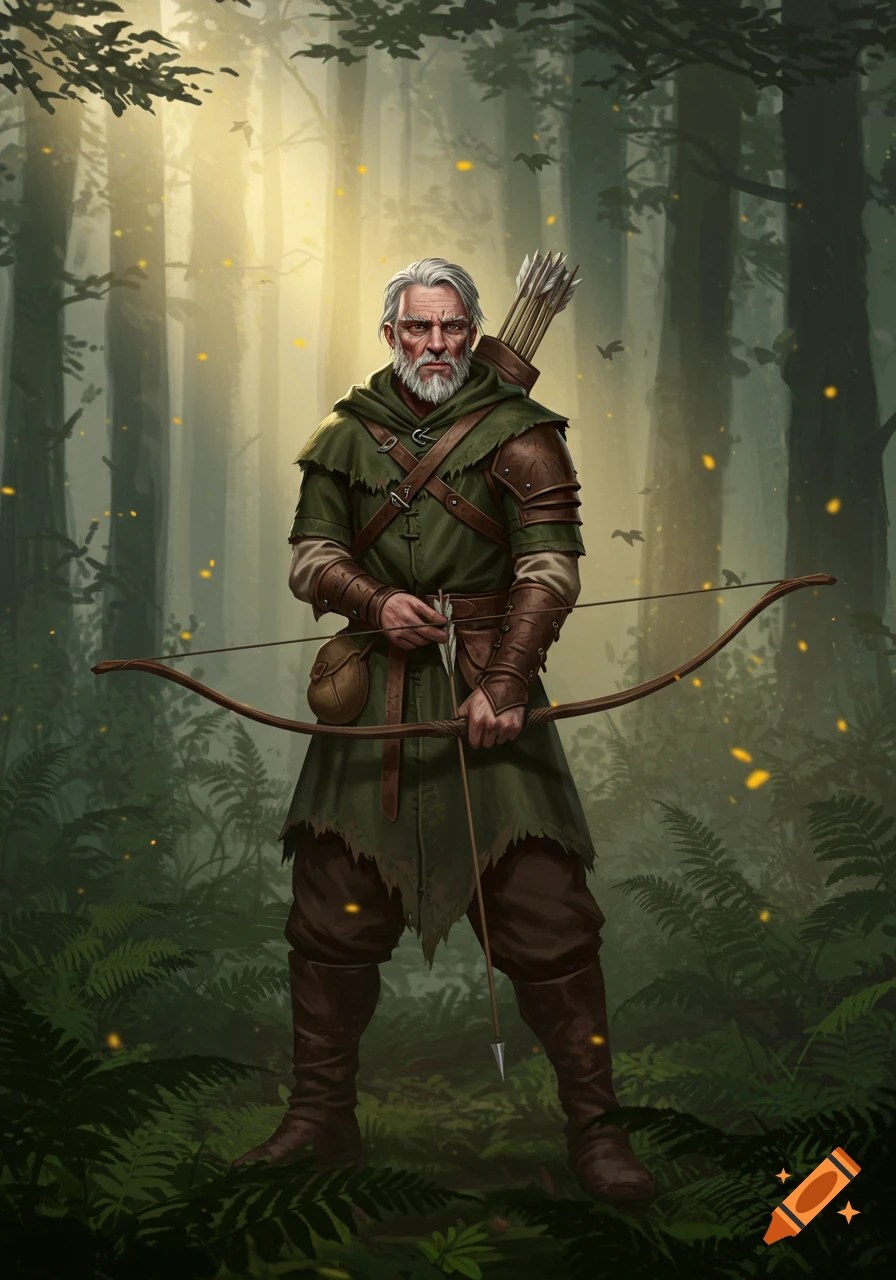 A grizzled old forest ranger with a white beard stands in a sunlit forest, holding a long bow and an arrow. Digital painting.