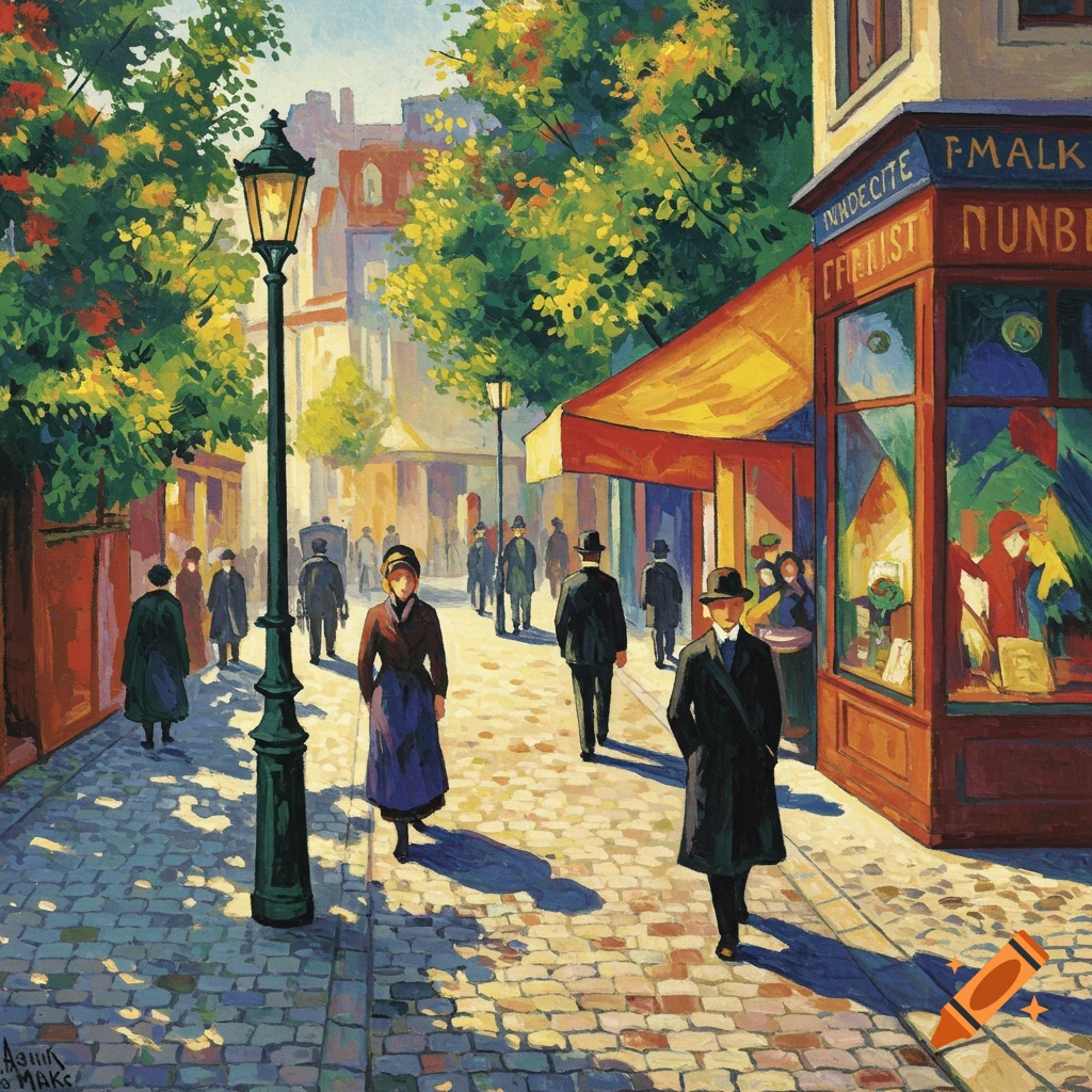 A vibrant painting of a bustling European street scene with people walking, lampposts, and a colorful shop with an awning.