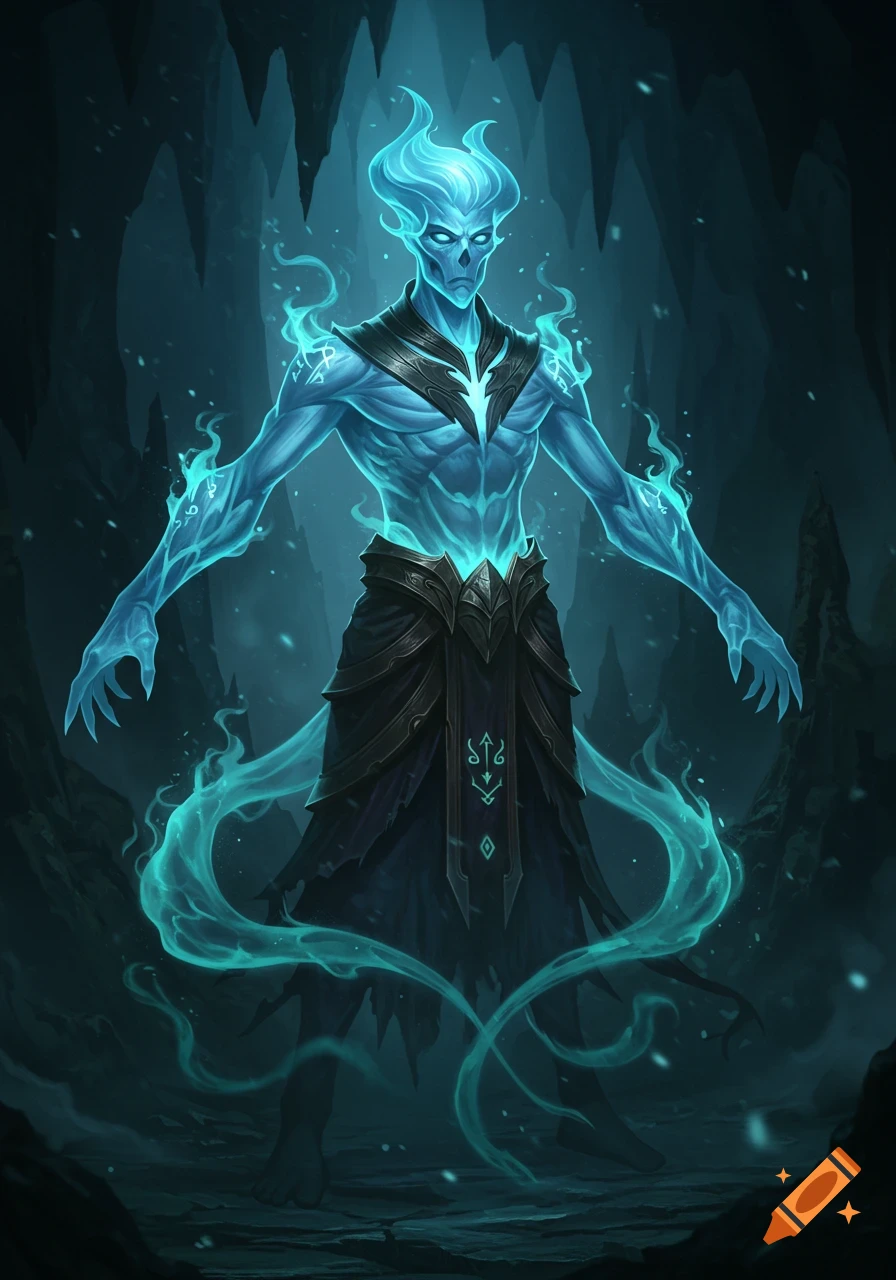 A spectral blue ghost-like gaming character with glowing runes and dark armor stands in a cave in a T-pose.