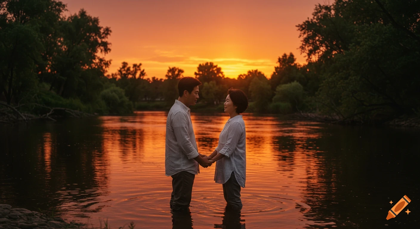 A middle-aged Korean couple holding hands in a river at sunset with a red-orange sky and trees, exuding a romantic, tranquil atmosphere.