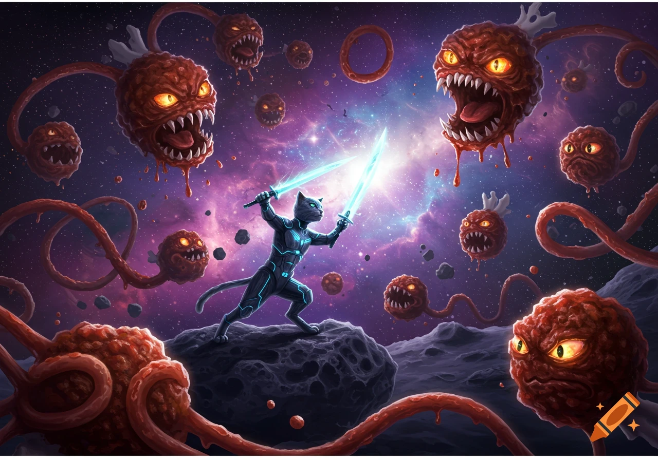 A futuristic cat warrior with dual glowing swords fights menacing red spaghetti meatball monsters in a vibrant, star-filled galaxy.