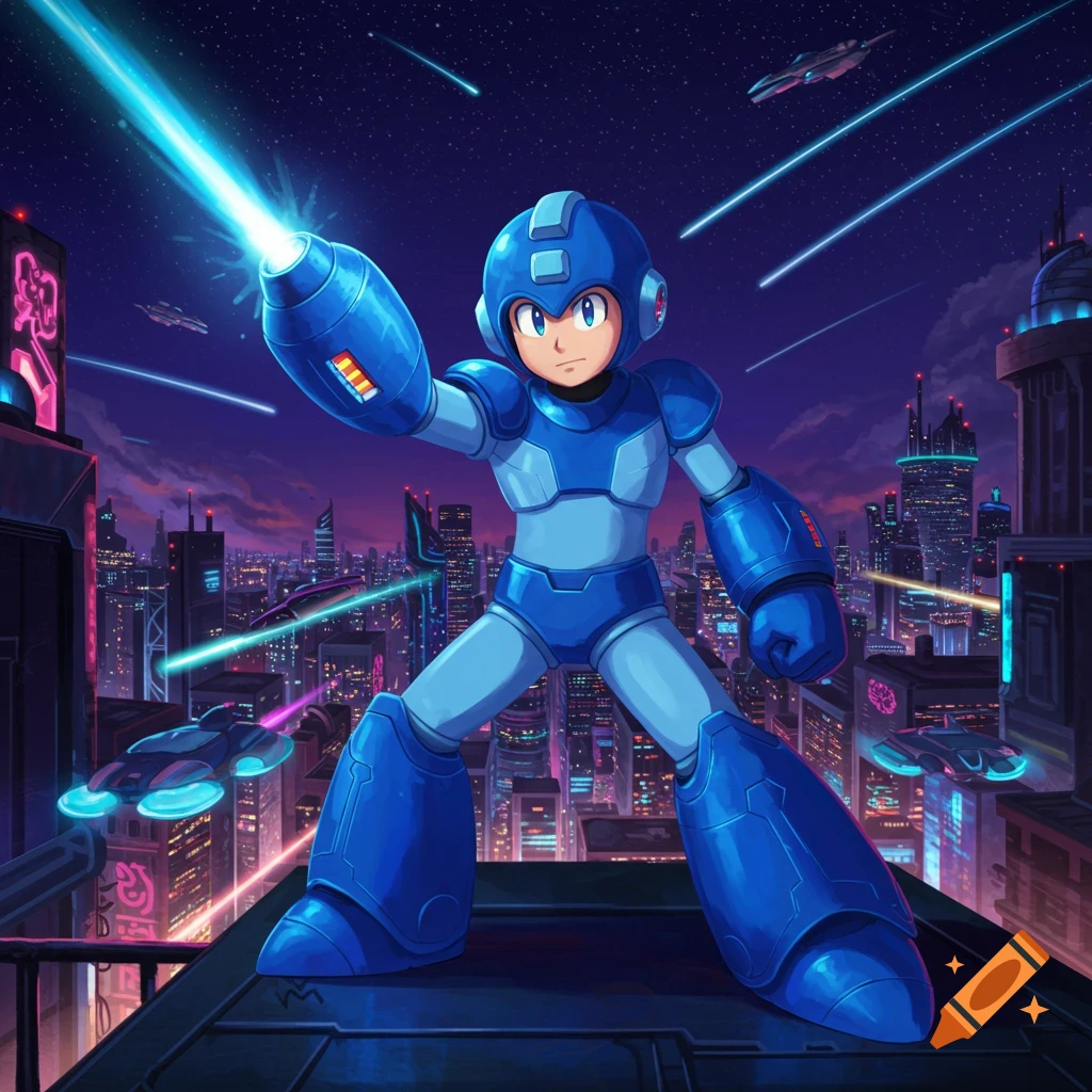 Mega Man in blue armor aims his arm cannon, firing a light beam, from a rooftop overlooking a futuristic city at night.