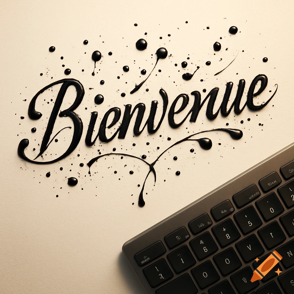 The word "Bienvenue" written in elegant black calligraphy, with glossy ink splatters surrounding it, next to the corner of a dark gray keyboard.