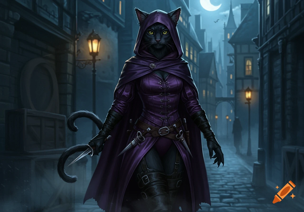 A black cat-like rogue in a purple hooded cloak and dark armor stands in a misty, moonlit medieval city street at night.
