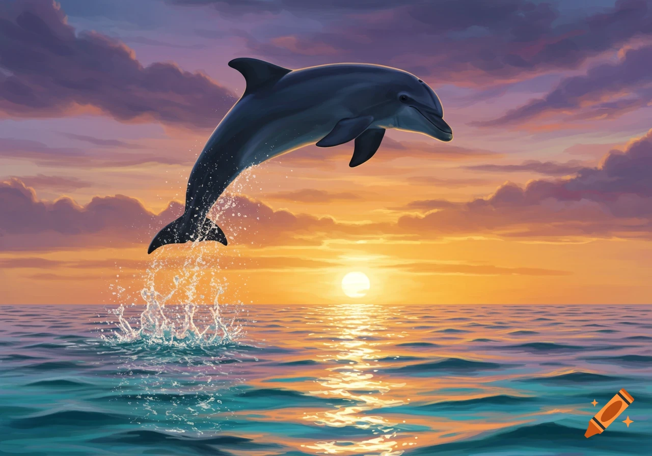 A dolphin leaps gracefully from turquoise ocean water against a vibrant orange and purple sunset sky with sparkling splashes.